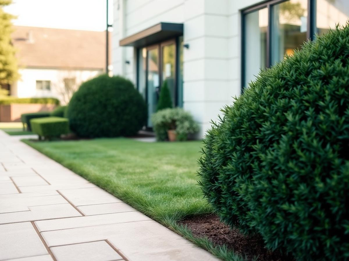 Trimmed hedges and freshly cut grass outside a small commercial building