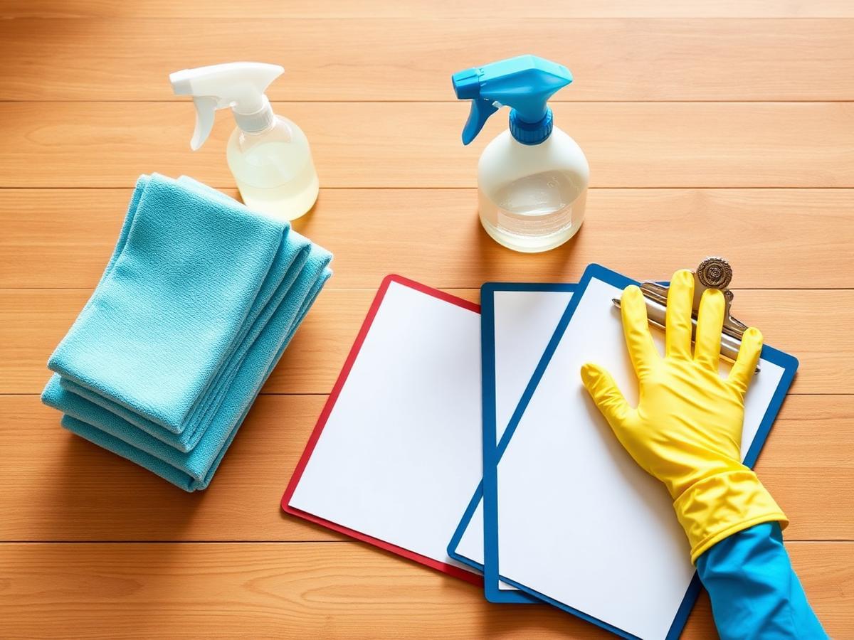 Cleaning cloths, spray bottles, gloves and clipboards laid out neatly