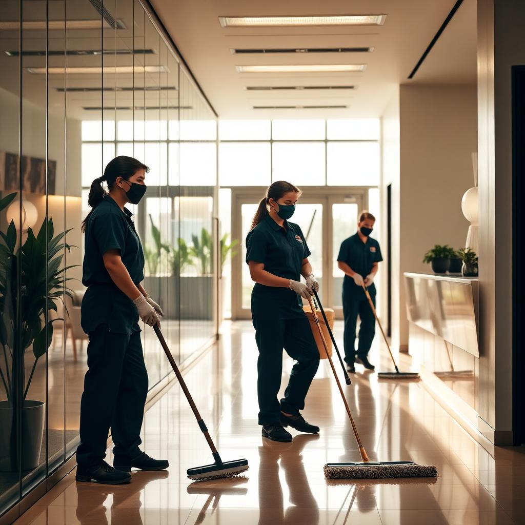 Verdenza cleaning team in uniform working in a bright reception