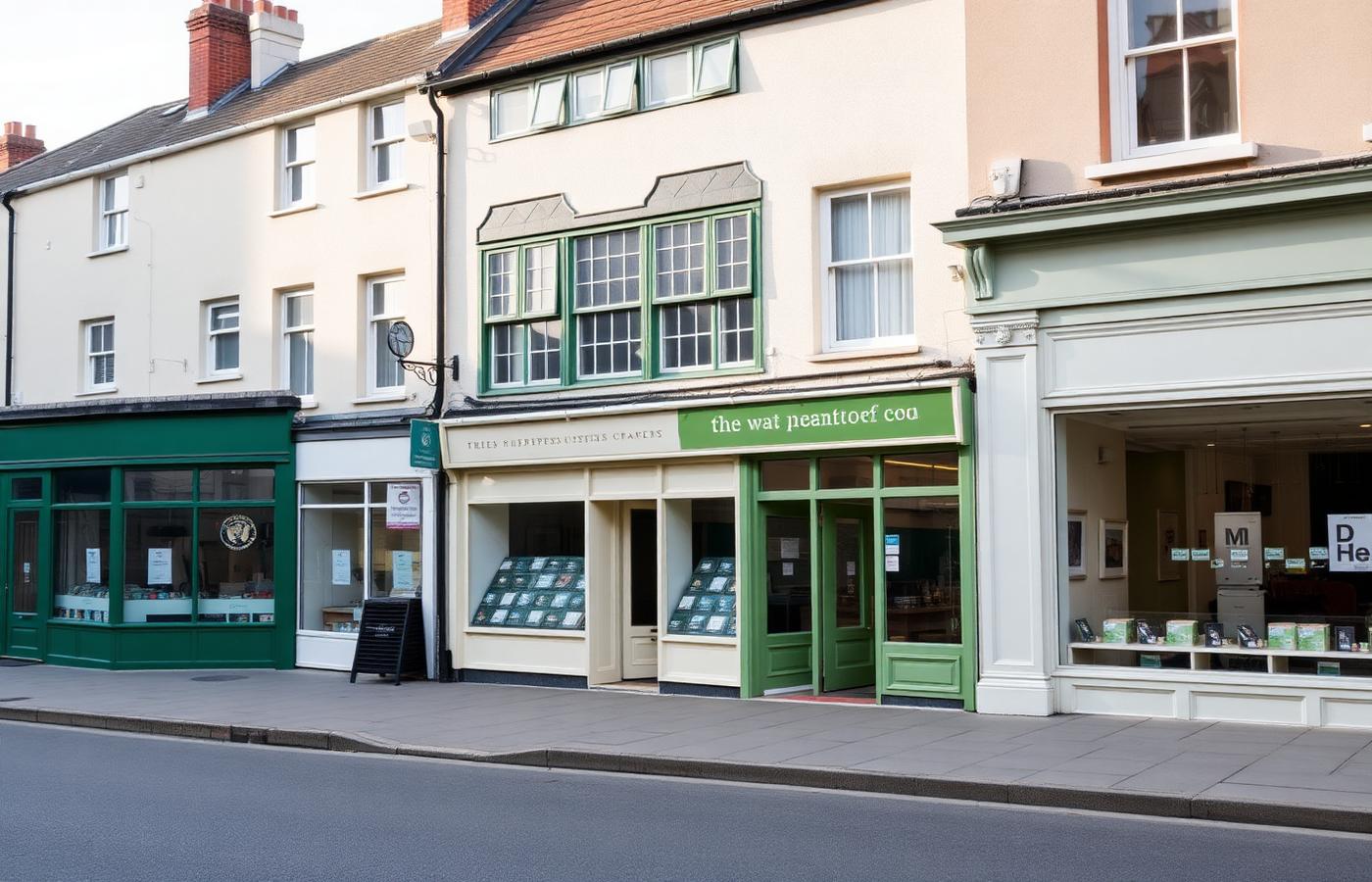 A tidy local high street with small shops and offices